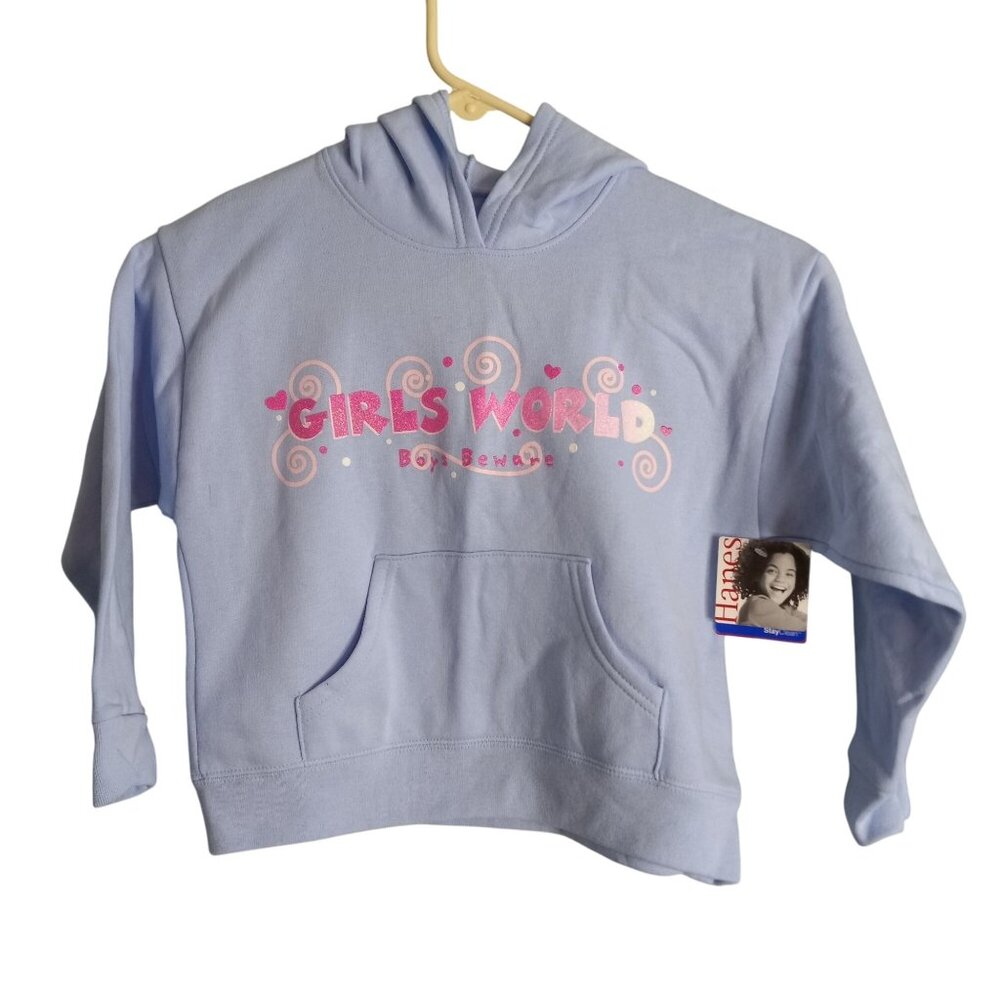 Hanes Size S 6 6x Hoodie Sweatshirt Girls World Blue Pink Graphic Youth NEW